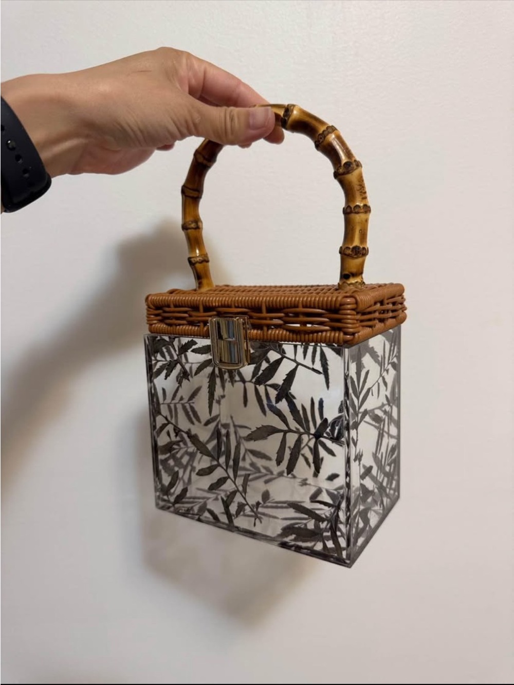 Bamboo Handle Clear Box Tote Bag - Brown
